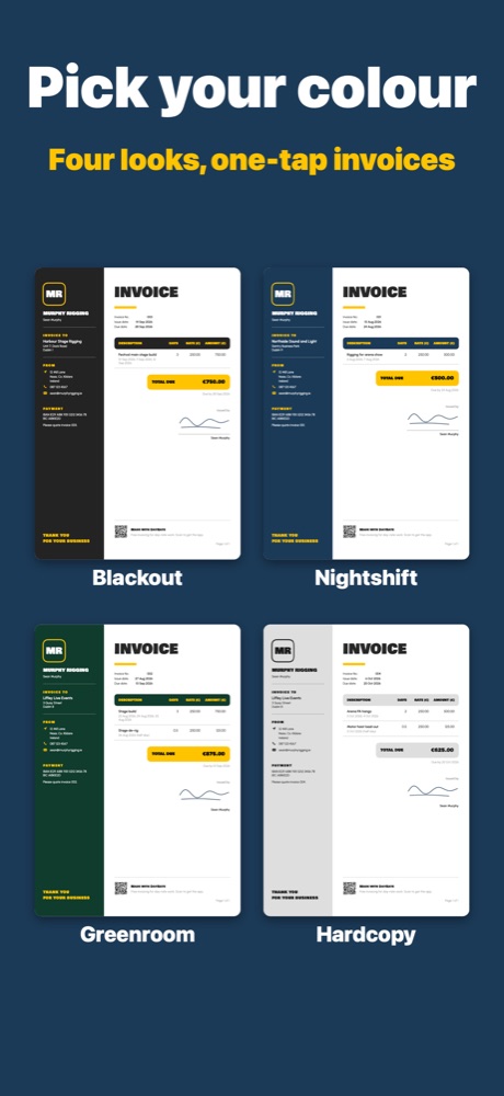 The four invoice colours: Blackout, Nightshift, Greenroom and Hardcopy